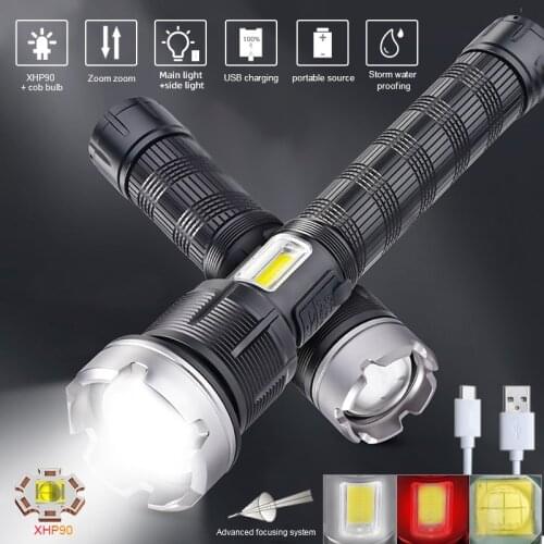 Powerful 4500Lumens CA-F126-XHP90 LED Flashlight 4-Core Zoomable Lantern With COB Side Light Waterproof Torch Outdoor Power Bank
