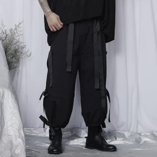 Original trendy brand casual pants mens dark black Yamamoto style double trouser waist loose straight leg wide-leg pants male n