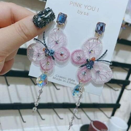 MWSONYA New Korean Sweet Crystal Yarn Embroidery Butterfly Long Drop Earrings for Women Crystal Tassel Earrings Holiday Jewelry