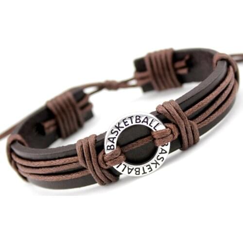 Basketball Football Soccer Softball Volleyball Lacrosse Hockey Swim Charm Leather Bracelets Women Men Unisex Boy Girl Jewelry