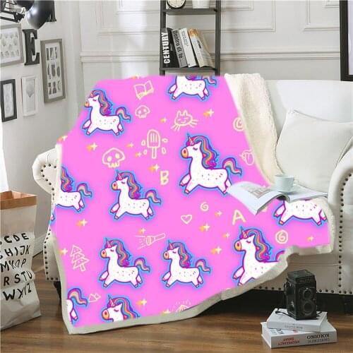 Unicorn Sherpa Blanket 3D Print Pink Cartoon Throw Blanket Nap Office Rainbow Weighted Blanket Picnic Travel Yellow Blanket