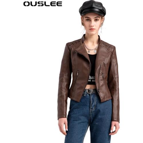 Ouslee Autumn Women Turn-down Collar PU Faux Leather Jackets Women Black Red Biker Coat High-quality Short Casual Zipper Coat