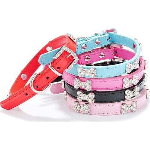 Adjustable PU Leather Dog Collar with Rhinestone Bone Decals Diamond Studed Collars for Small Dogs XS-L