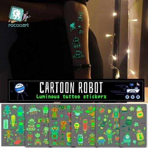 Rocooart Luminous Robot Tattoo Stickers Cartoon Intelligent Toy Game Fake Tatoo For Kids Glowing Waterproof Temporarie Taty