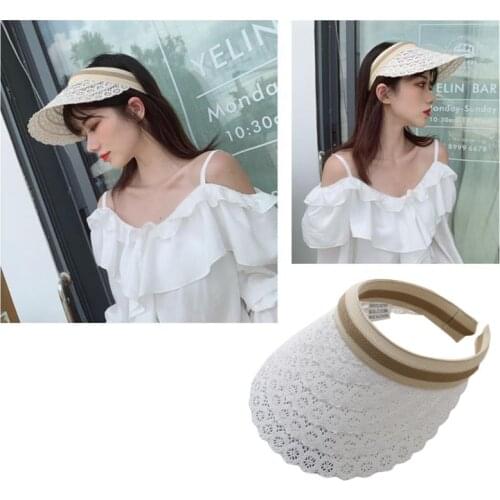 Japanese Female Summer Empty Top Sun Visor Cap Hollow Out Crochet Floral Lace Striped Mesh Wide Brim Outdoor Beach Hat