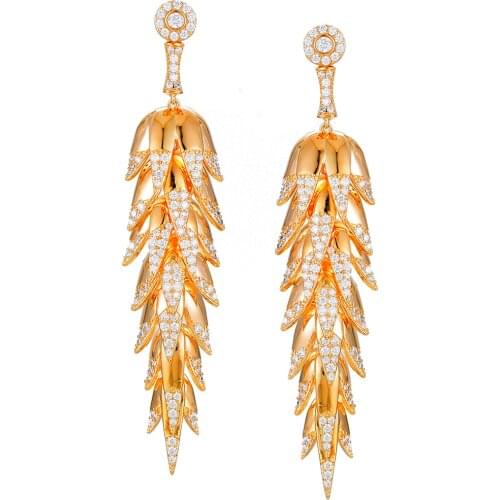 2021 Luxury Trendy Feather Earring For Nigerian Bridal Full Cubic Zirconia Green Dangle Earrings Women Girl Statement Jewelry