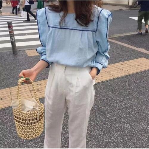Women Chic Preppy Style Sweet Fashion Female Sailor Collar Tops Fresh Puff-Sleeved All-Match Shirts