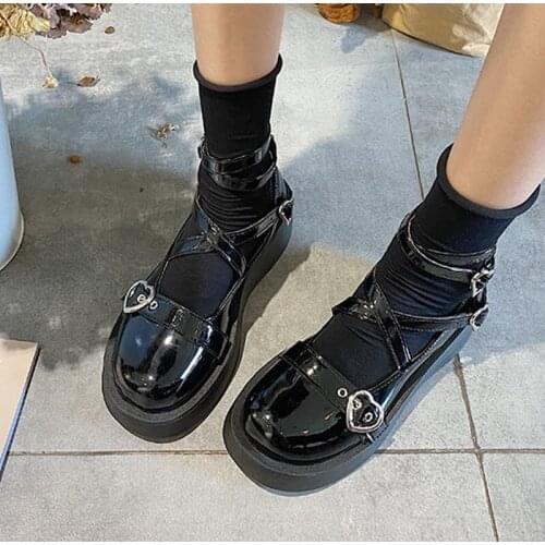 Women Flat Pu Leather Mary Jane Shoes Female Shallow Buckle Strap Bandage Spring Ladies Single Shoe Platform New Lovely Heart