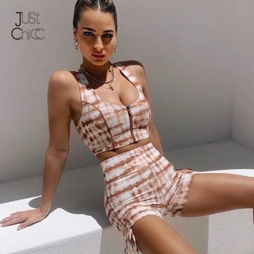 PFFLOOK Tie Dye Casual Matching Set 2021 New Summer Vest Sleeveless U Neck Women Set Crop Top And Shorts Sexy Tracksuit