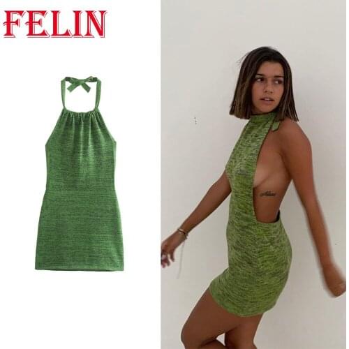 Women Moss Green Sexy Knit Dress Za 2021 Summer Holiday Beach Cami Elasticity Mini Dress Elegant Stylish Party Mujer Vestidos