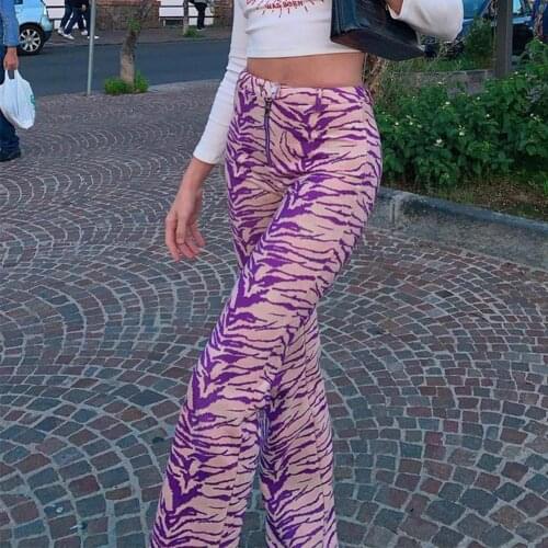 Animal Zebra Print E Girl Pant Women Skinny Long Trousers Ladies Zipper Y2k High Waist Pants Capri Purple Sweatpants Streetwear