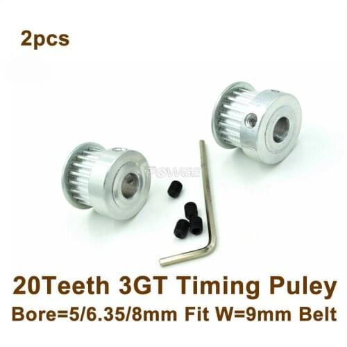 2pcs 20 Teeth 3GT Timing Pulley Bore 5/6.35/8mm Fit GT3 Timing Belt W=9mm 20T 20Teeth 3GT Timing Belt Pulley 20-3GT