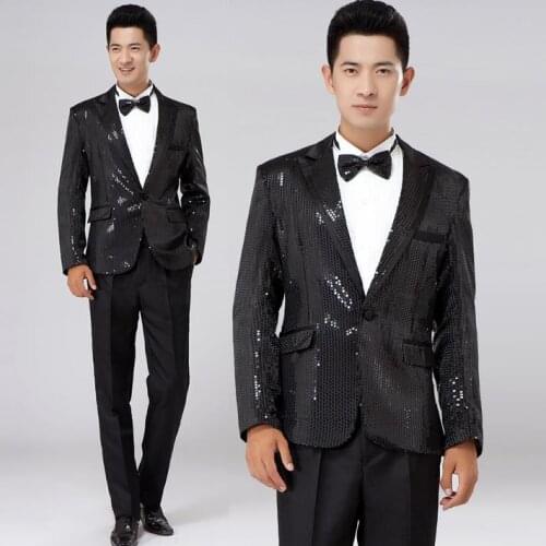 Black 2020 new designer dance stage fashion slim sexy men suit singer mens sequins suits wedding groom dress suit + pant + tie