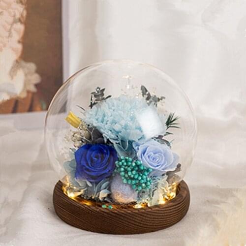 Diameter=20cm Warm Light Luminous Wood Base Round Glass Dome Vase Home Decoration Friend Gift Wedding Decoration