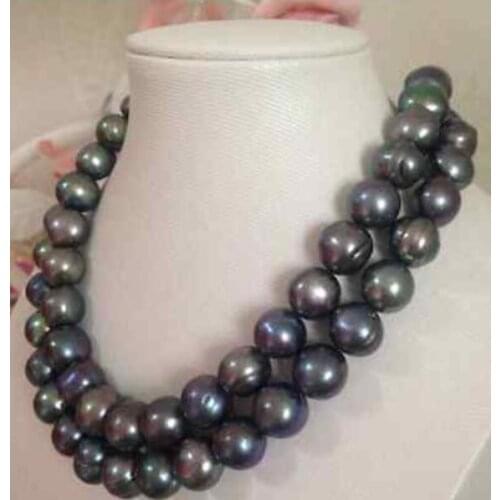 Double strands 10-11mm tahitian baroque black green pearl necklace 18"19"