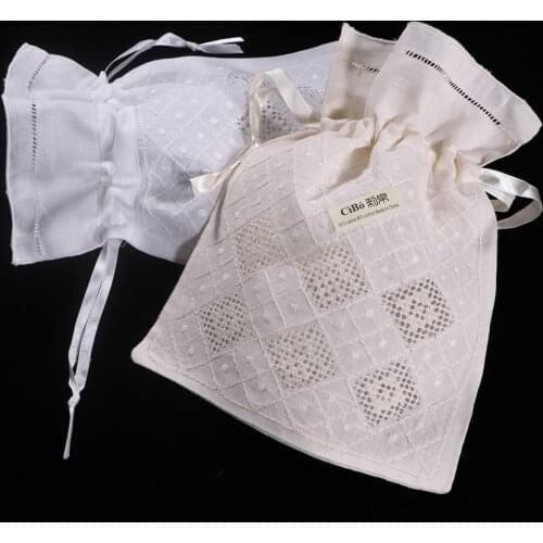 B022 : 12 pieces White/Beige ramie cotton hand embroidery Drawnwork gift Storage bags travel pouchs Drawstring bags