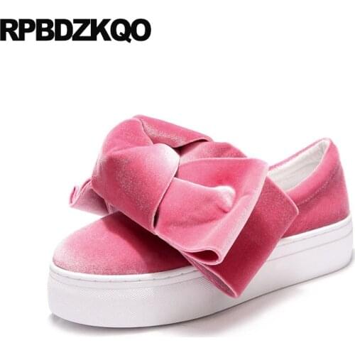 Kawaii Designer Shoes Women Luxury 2018 Big Bow Creepers Elevator Platform Velvet Peach Flats Cute Japanese School Thick Sole
