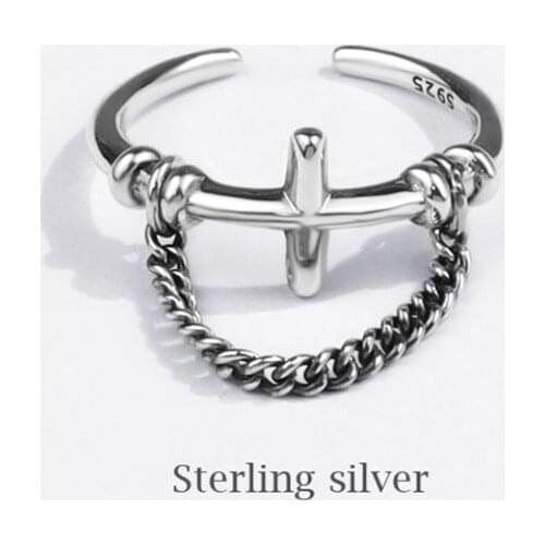 Season Gate Sterling Silver Personality Retro Cross with chain Adjustable Size Open Ring SR082