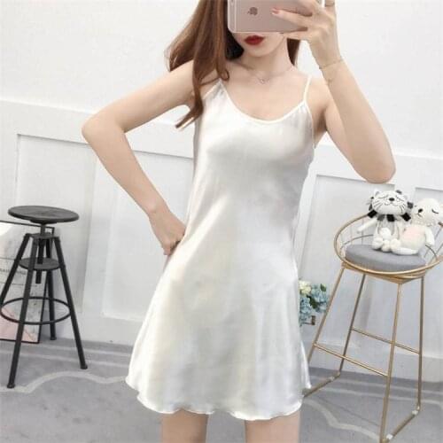 New Sexy Sling Nightdress In Spring Summer Nightgown Ice Silk Nightwear Womens Imitation Silk Slim Bottom Skirt Home Clothes