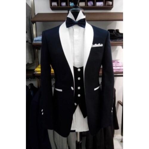 2019 New Elegant Slim Fit Black Smoking Suit Men Costume 3 Pieces Homme White Shawl Lapel Tuxedo Groom Wedding Suits For Men