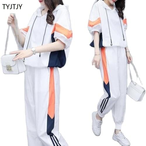 2021 New Summer casual sweater sports suit Female Fashion stitching hit color two piece suit Female Size S-3XL