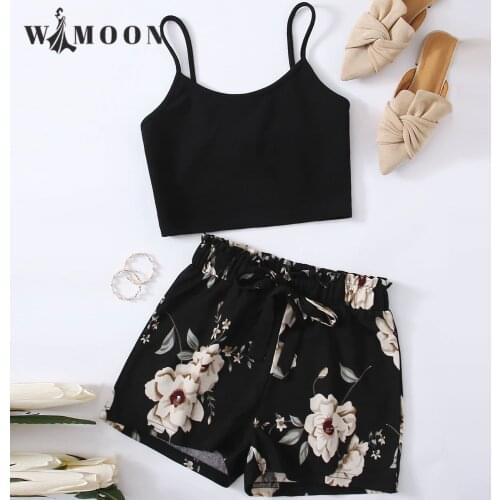 20021 Summer New Casual Black Print Set Sleeveless Floral Short Sets Leisure Suit