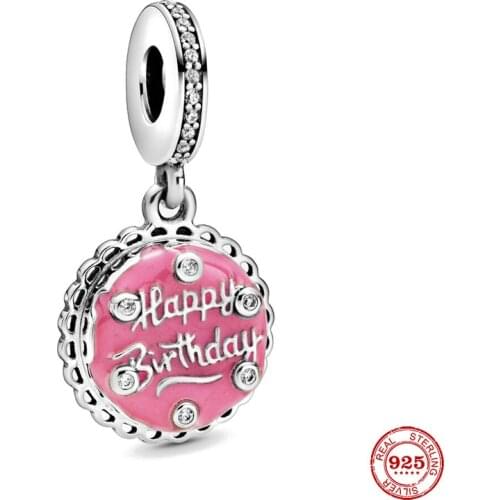 New Original Silver Color Pink Happy Birthday Bead Fit European Pandora Charms Bracelet Bangles Diy Jewelry P458