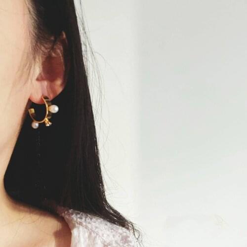 Brass With 18K Gold C Shape Zircon Real Pearl Earrings Women Jewelry Punk Party Gown Runway Rare Korean Japan Boho Hiphop