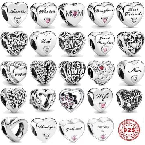 Hot Fashion 925 Sterling Silver Mom Wife Daughter Dad Sister Best Friends Love Heart Bead Fit Original Pandora Charms Bracelet