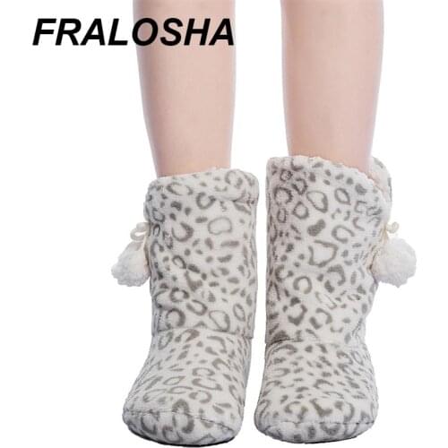 FRALOSHA thick plush warm indoor boots floor shoes shoes non-slip soft shoes and the same bathrobe series white leopard