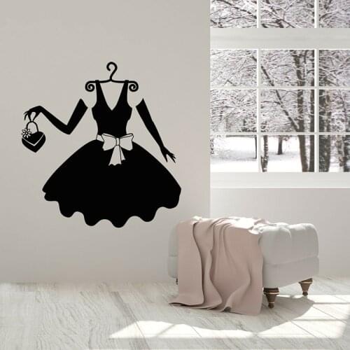 Vinyl Wall Decal Black Dress Woman Fashion Clothes Shopping Wall Stickers Dress Shop Girls Room Decor Removable Wallpaper C063