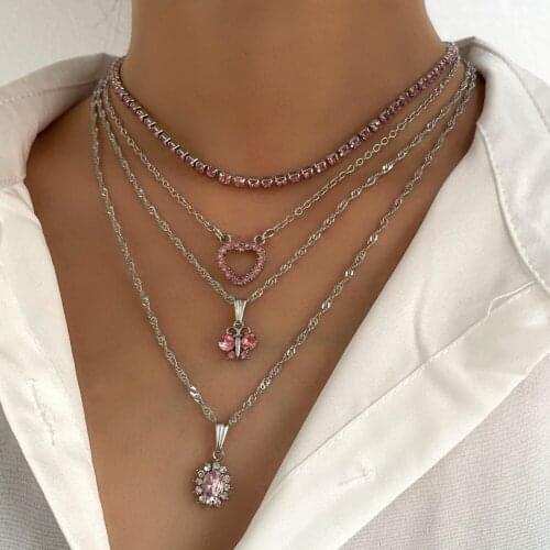 Vintage Silver Color Multilayer Twisted Chain Necklaces for Women Shining Pink Crystal Heart Butterfly Pendant Necklace Jewelry