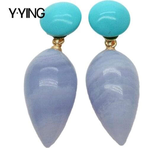 Y·YING Natural Teardrop Blue Lace Agates Chalcedony Turquoises Drop Stud Earrings Vintage style for women