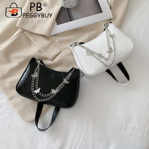Women Butterfly Chain PU Underarm Bag Simple Solid Color Small Subaxillary Bags Female Lattice Pattern Armpit Bags