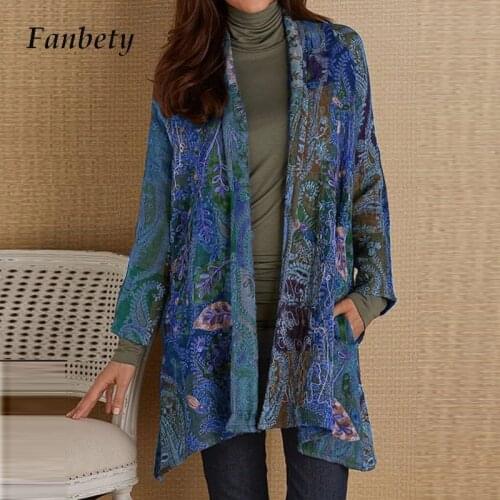 Vintage Folk-Custom Floral Print Women Jacket Casual Turn-Down Collar Pockets Cardigan 2020 Elegant Ladies Long Sleeve Coats 5XL