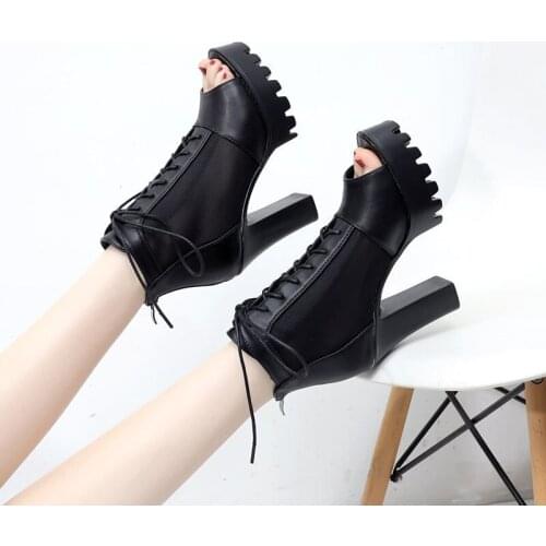 Womens Sandals 2021 New High Heels Trendy Summer Fashion Outerwear Sandal Peep Toe Mesh Chunky Heel Height Increasing Lace-up