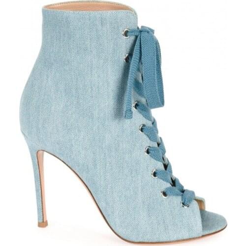 New fashion denim blue lace-up boots sexy open toe jeans boots woman high heel ankle boots summer gladiator boots
