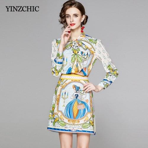 Vintage Print Female 2pc Suit Bow-neck Blouse A-line Skirt Sets for Office Lady Autumn New Printed Blouse Skirt Set Suits