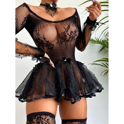 Women Off Shoulder Exotic Dresses Lace Floral Embroidery Long Sleeve Beading Mini Dress Hollow Sexy Dress for Valentines Day
