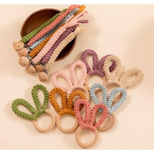 2PC Bed Bell Baby Toys Teether Wooden Rabbit Rattles Pacifier Chain Mobile Pram Personalize Chewable Beech Musical Newborn Toys