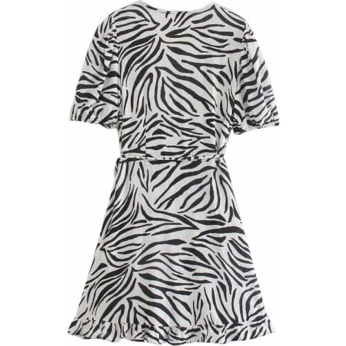2021 Women Vintage Zebra Striped printed Dress Fashion V-Neck Short Puff Sleeves Wrap Style Casual Short Dresses Woman Robe