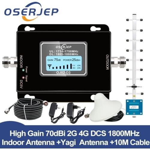 4G LTE 1800 Band3 70dB 2g 4g Cell Phone Signal Repeater DCS 1800MHz Mobile Amplifier GSM Signal Booster + Yagi /Ceiling Antenna