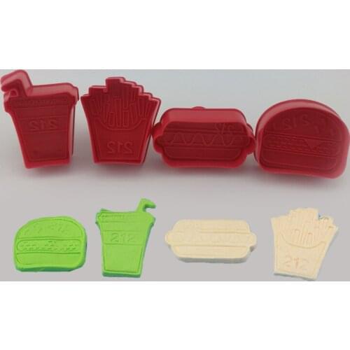 4PCS/Set Plunger Fondant Molds Cola Chips Hamburger Shaped Cutters Embosser Sugar Craft Moulds Cake Decoration DIY Tools LIXYMO