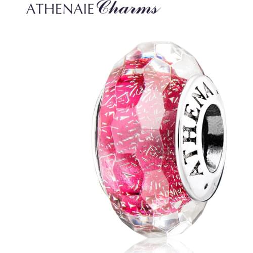 ATHENAIE Valentines Day 925 Sterling Silver Murano Glass Beads Core Rose Red Shimmer Faceted Charm Beads For DIY Girl Bracelets