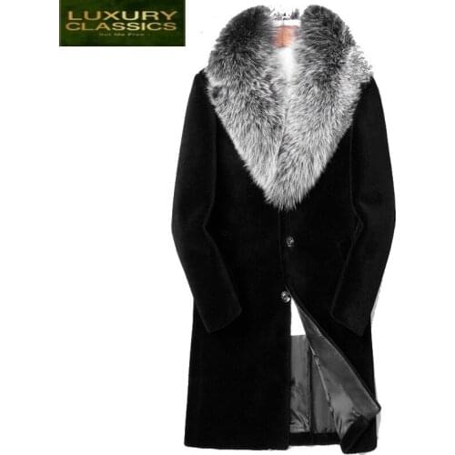 Sheep Shearling Fur TcyeekReal Coat Winter Jacket Men 100%Wool Coat Fox Fur Collar Long Coat Men Plus Size LSY088333 MY1130