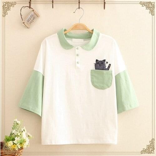 Summer Mori Girl Harajuku Cartoon Kawaii T Shirt Women Clothing Japanese Cute Cat Embroidery Shirt Top Girls Vintage Tee Shirt