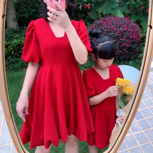 2020 New Sweet Family Matching Outfits Mother Daughter Red Dresses Summer Clothing Matching Family A Line Slim Dress