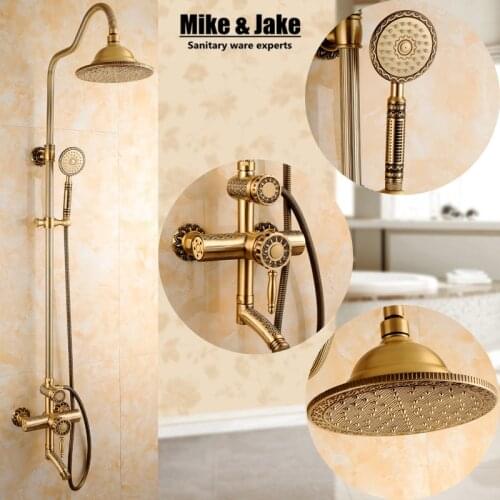 New Arrival luxury Retro Bathroom Wall Mounted Carving Hand Held Antique Brass Shower Head shower Kit Shower Faucet Set SRH9988