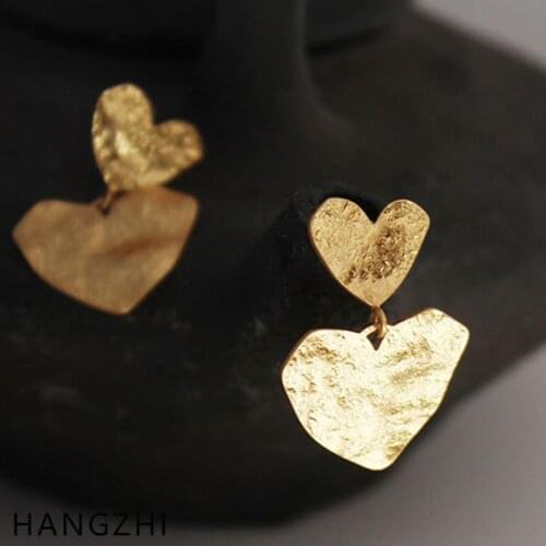 HANGZHI 2021 New French Retro Tin Foil Geometric Gold Color Heart Love Drop Earrings for Women Girl Fashion Party Travel Jewelry