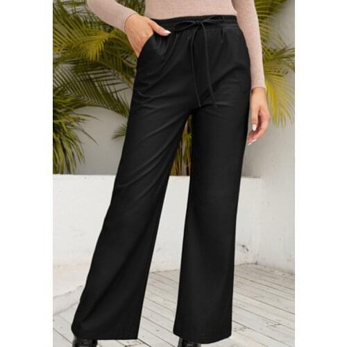 2021 Autumn and Winter New Womens Wide-leg Trousers High-waist Loose Motorcycle Leather Straight Lace-up Solid Color Pants